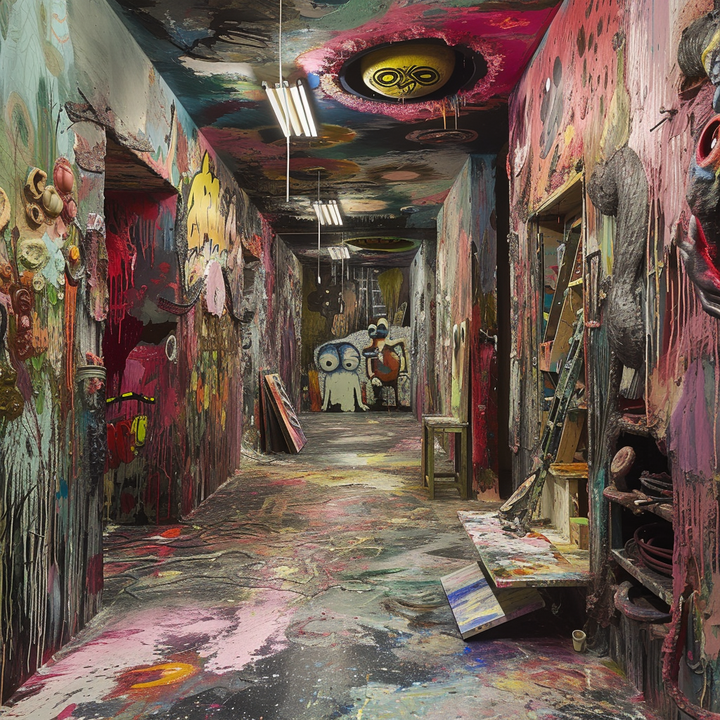 Chaotic art studio with horrifying paintings