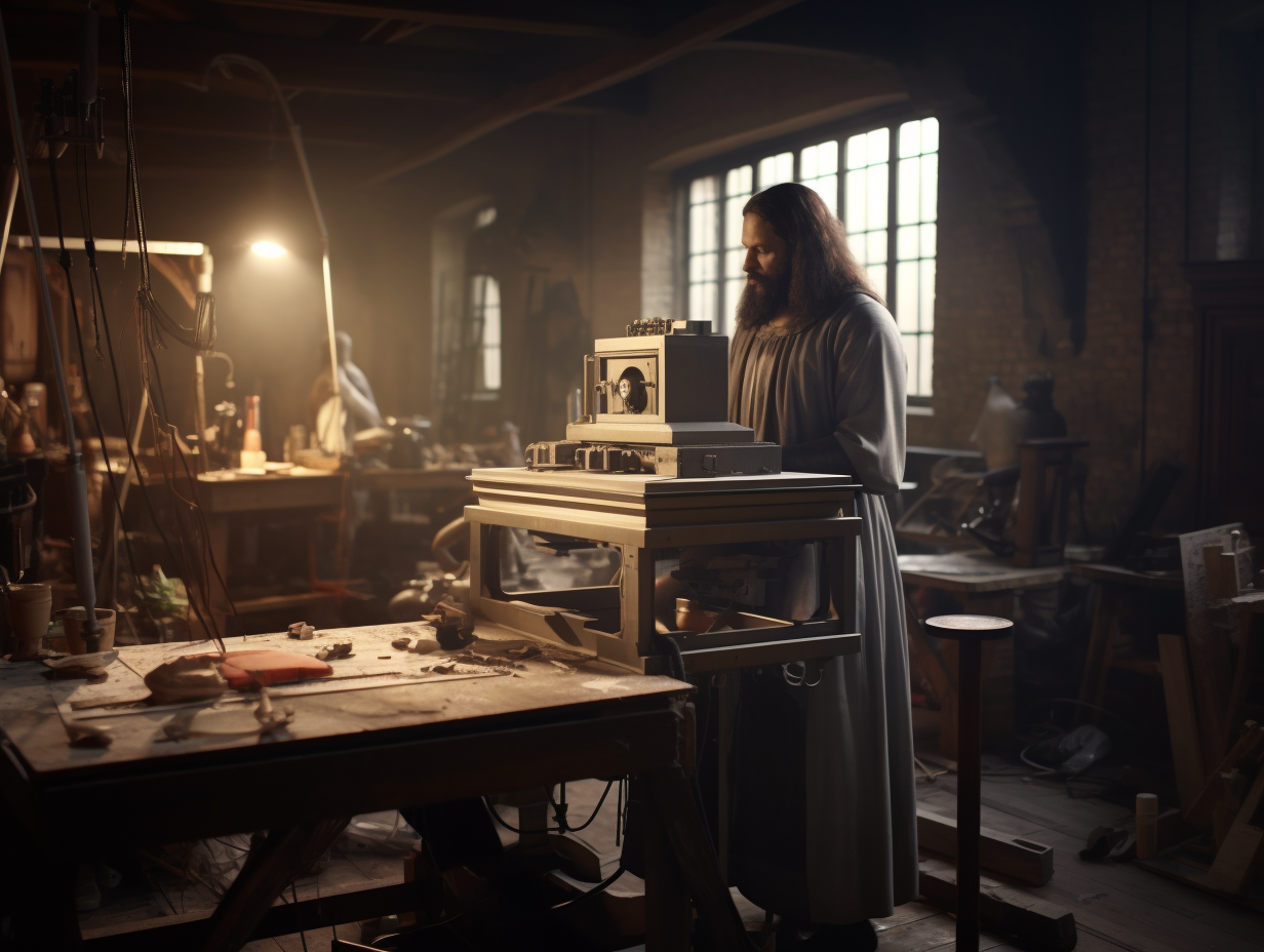 Leonardo da Vinci observing 3D Printing Machine