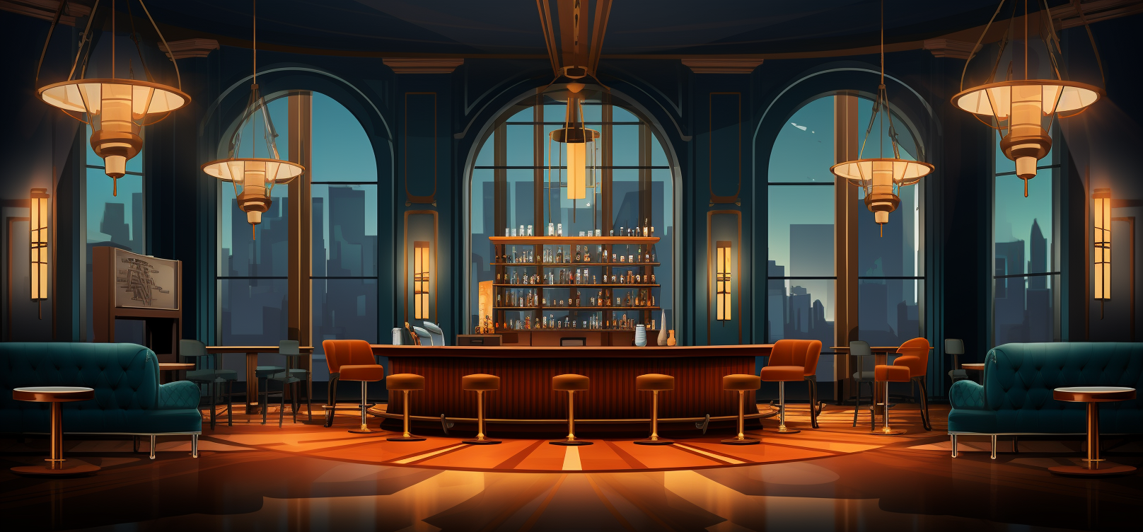 Art Deco speakeasy interior with bar