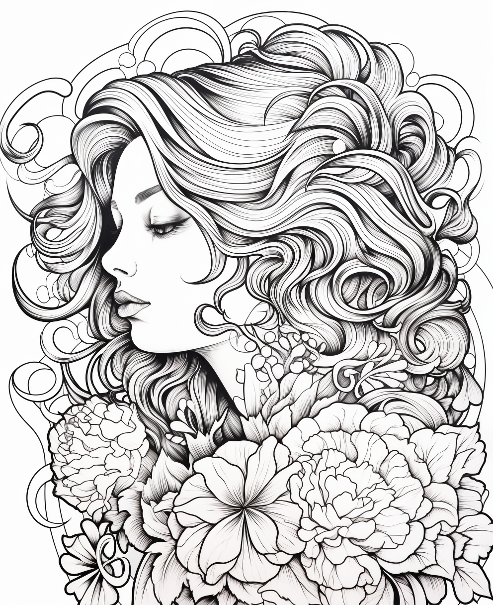 Clean black outline of an Art Nouveau lady