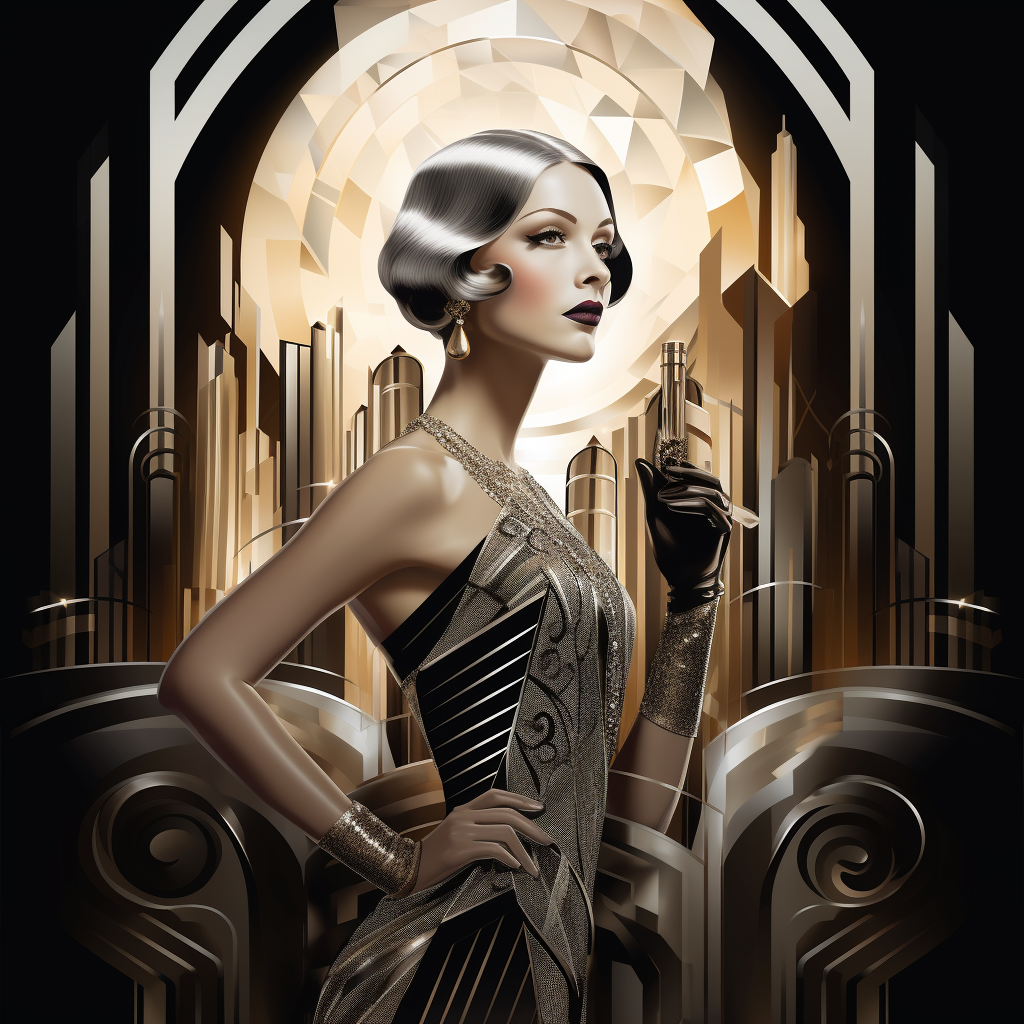 Beautiful woman in Art Deco setting smoking a cigarette