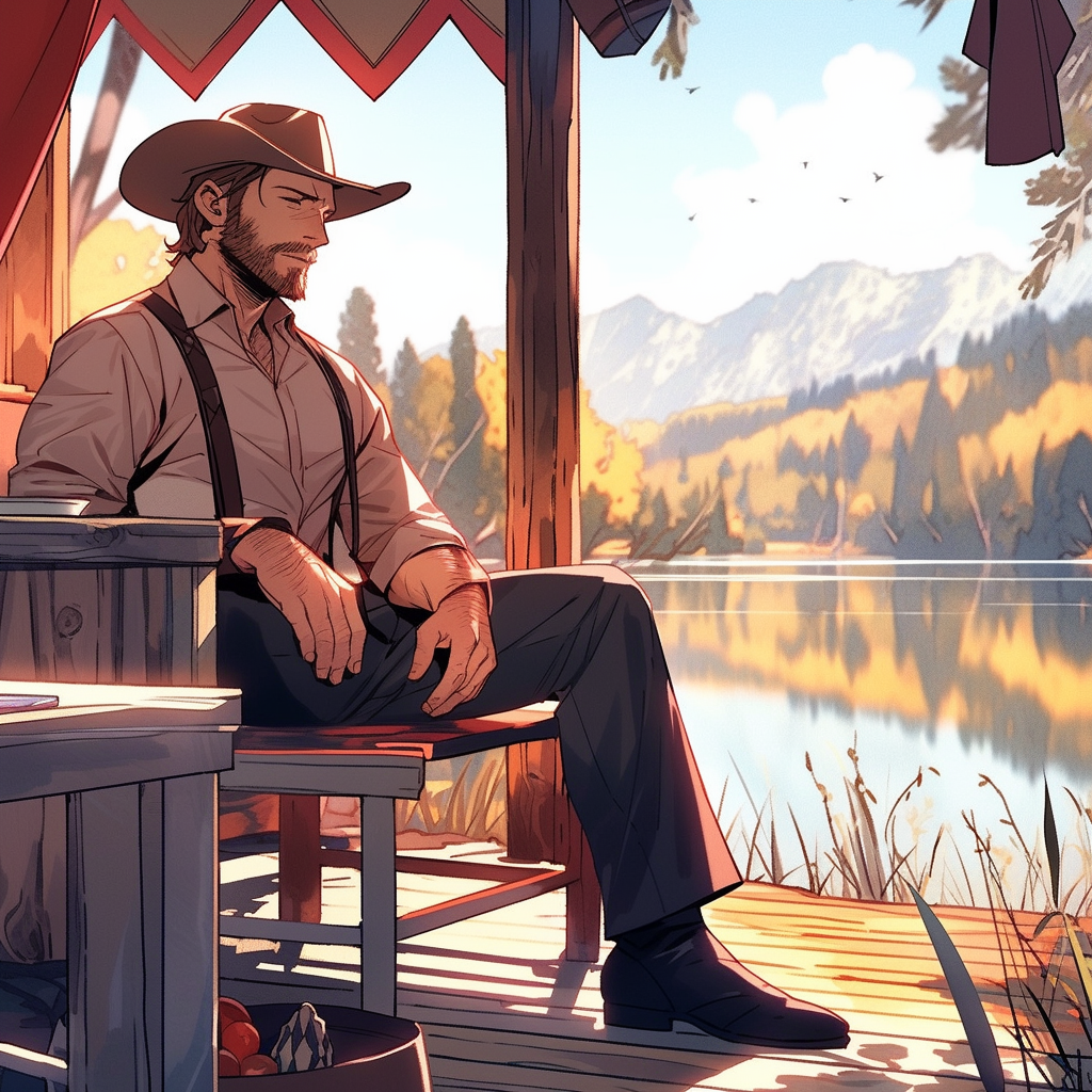 Arthur Morgan enjoying the serene lake view