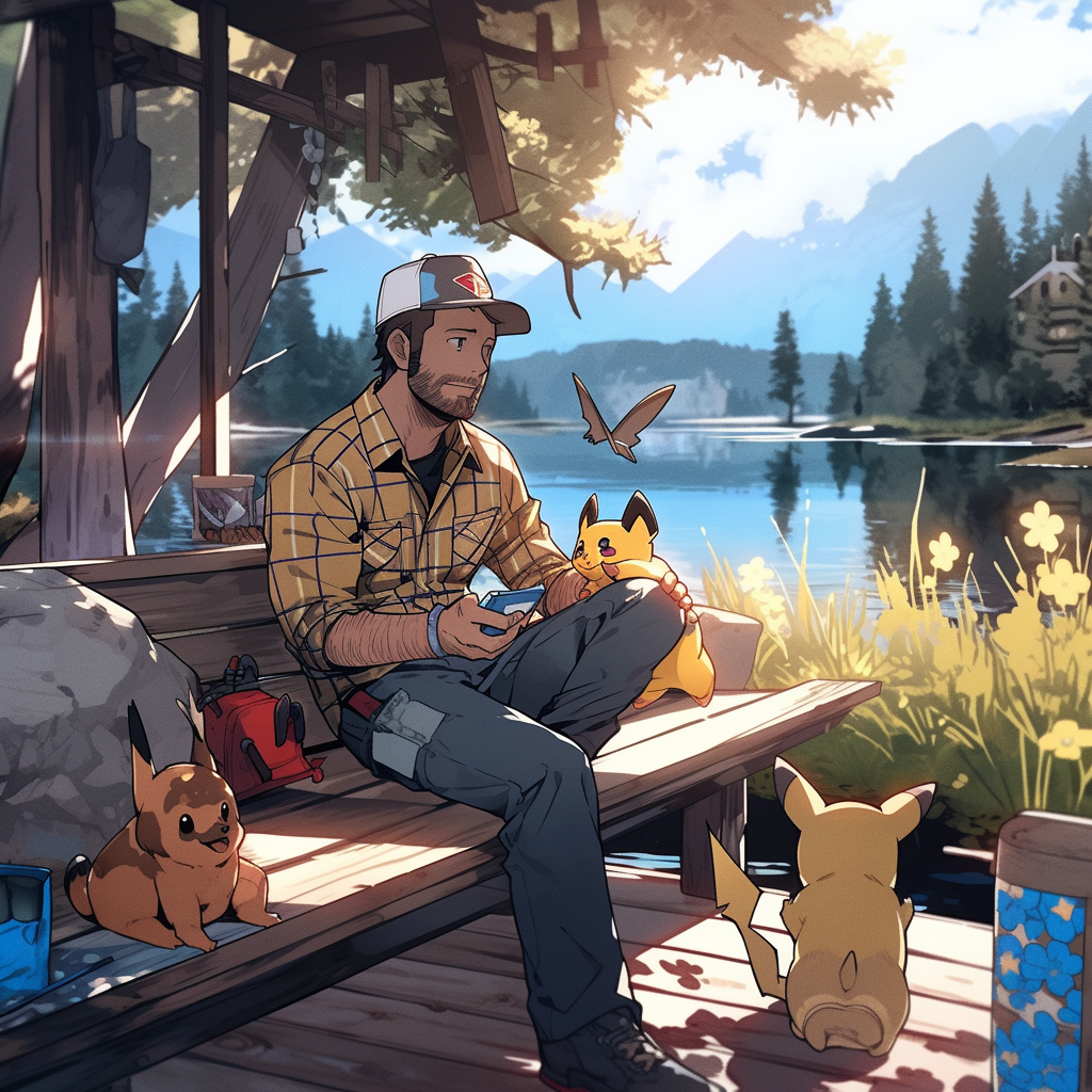 Arthur Morgan relaxing on his porch with Pikachu