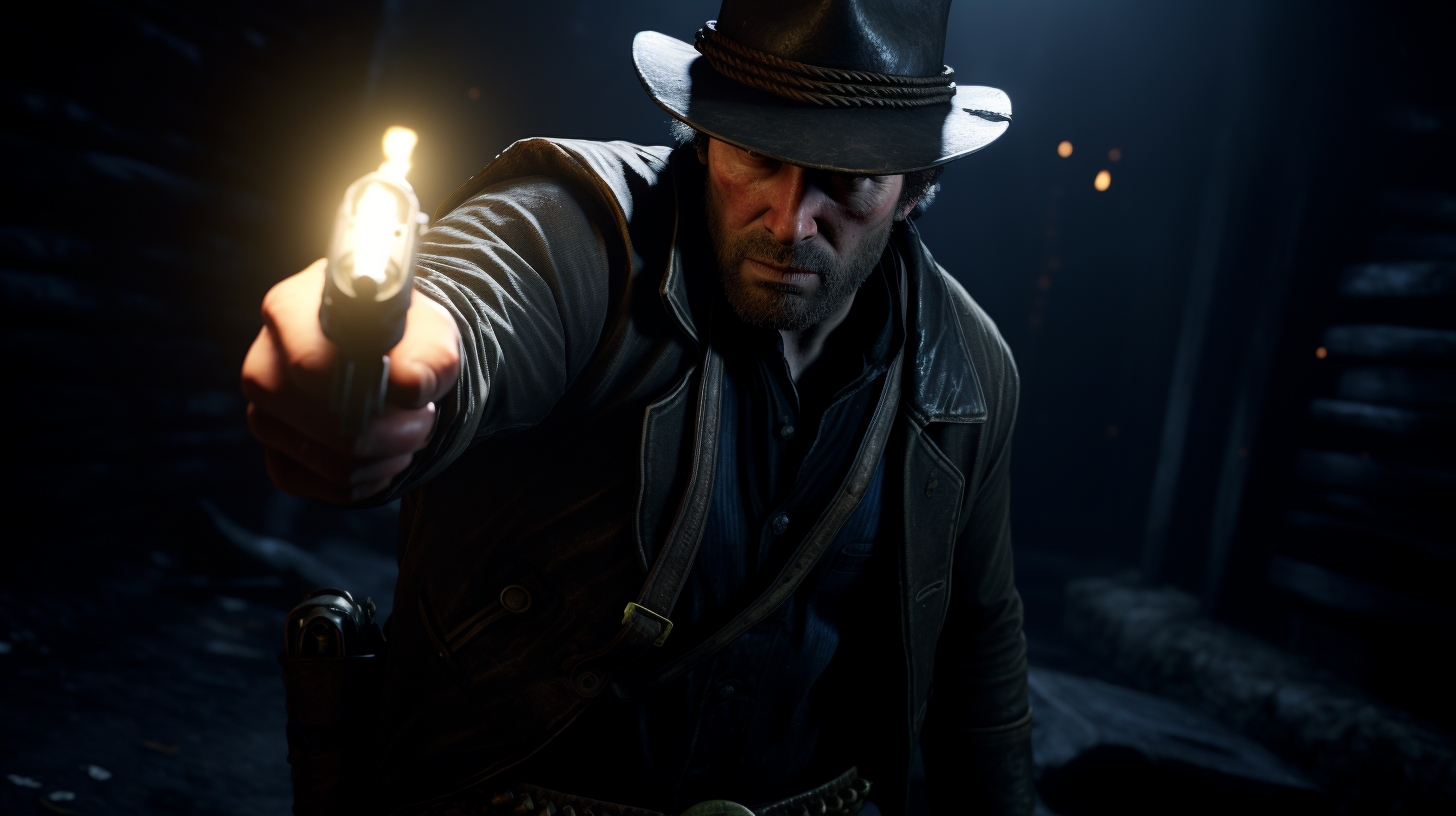 Arthur Morgan pointing revolver, dark lighting