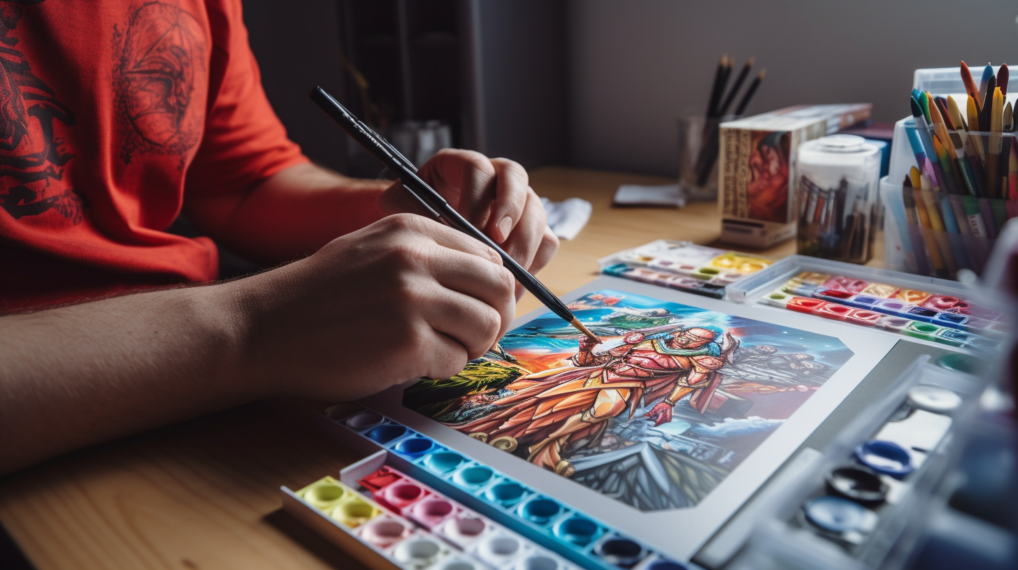 Artist coloring sports card in bright studio