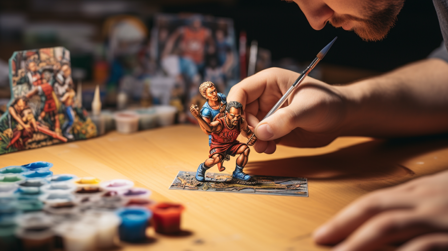 Artist coloring collectible sports card in studio