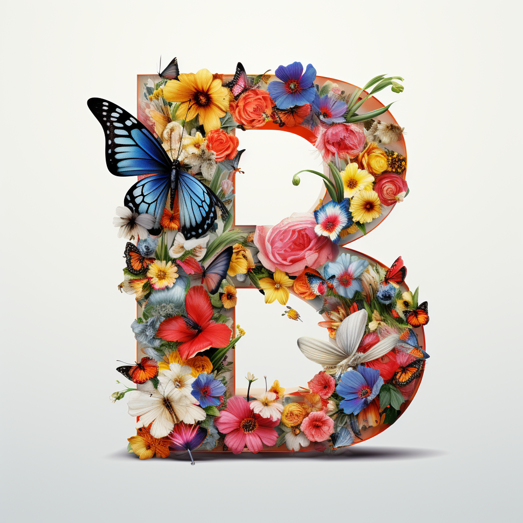 Vibrant flowers and colorful butterflies on English letter Q