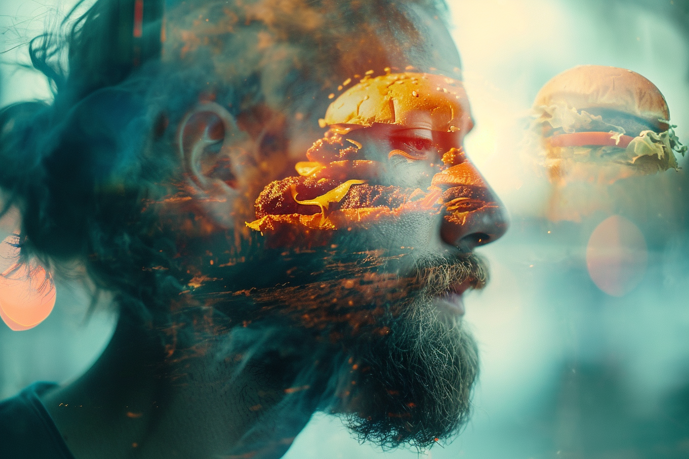 Bearded man surrounded by double exposure of burgers