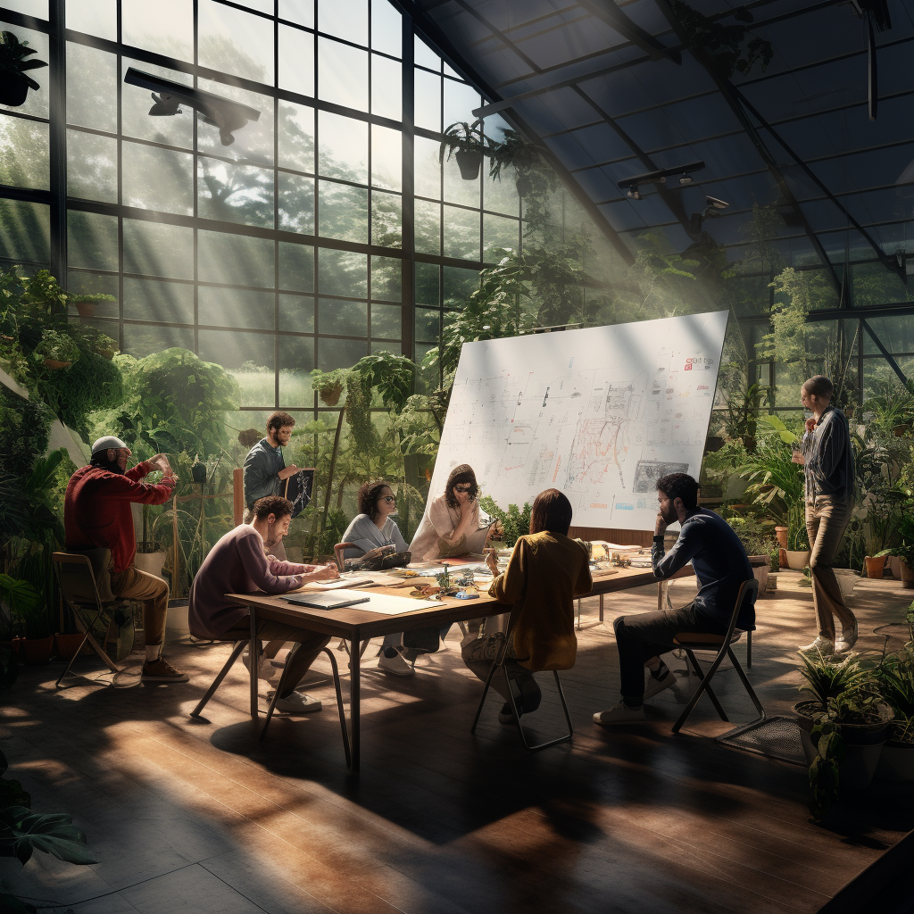 Artistic People in a Greenhouse Art Meeting