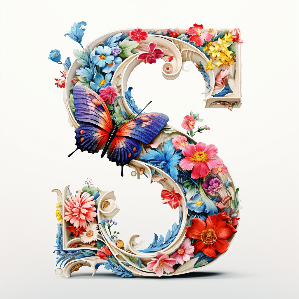 Artistic style English letter S with flowers and butterflies