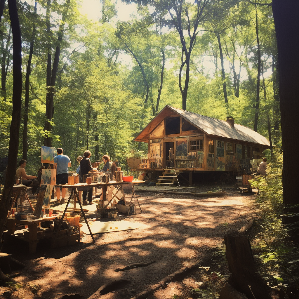 Group of artists creating art in peaceful woods