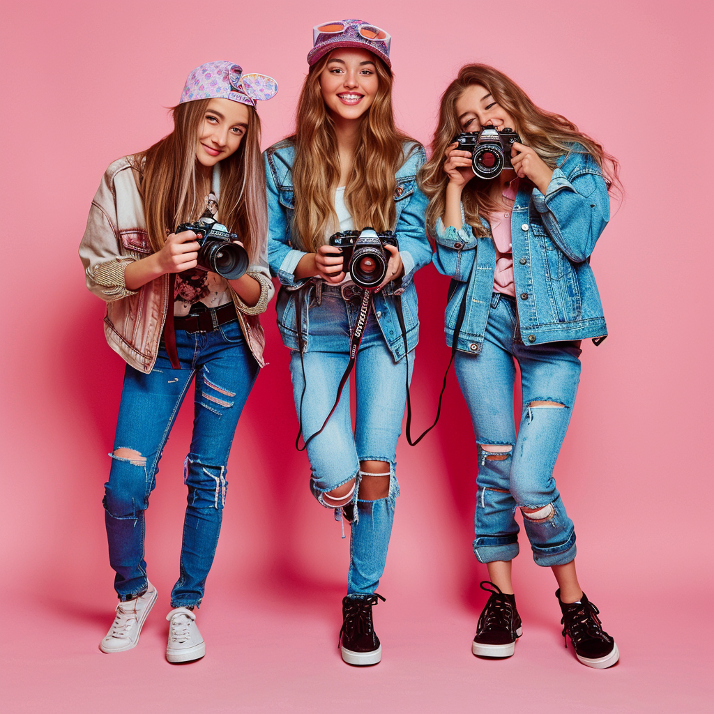 Three diverse teenage girls with camera