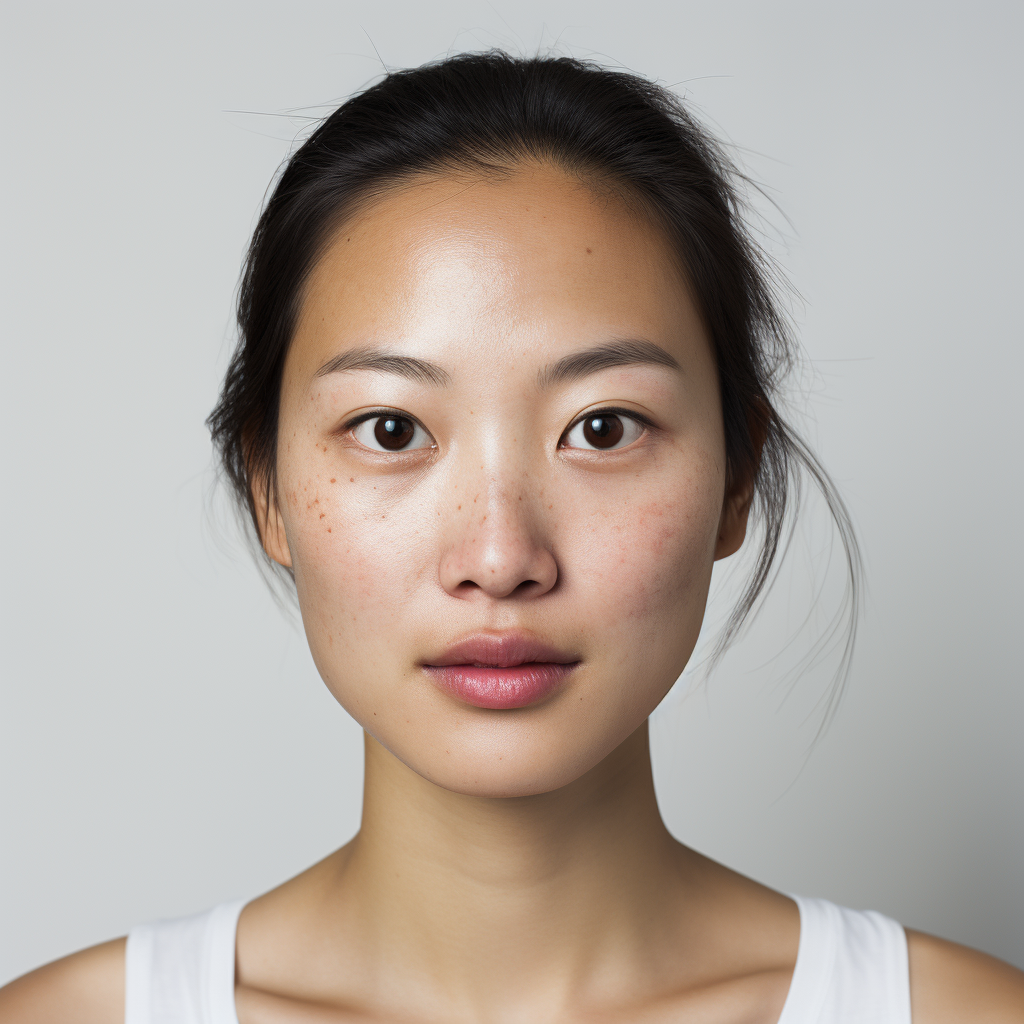 Asian woman with melasma on white background