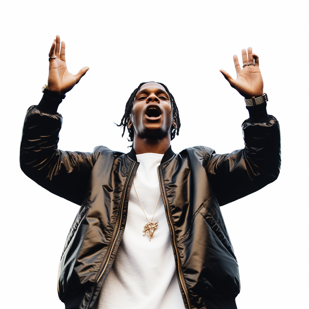 ASAP Rocky raising arms on white background