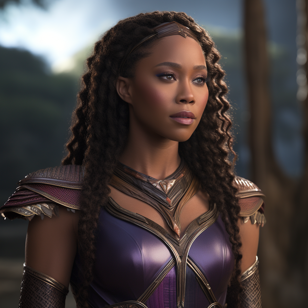 Asgardian goddess Nicole Beharie in purple attire