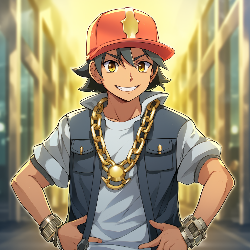 Ash Ketchum wearing gold chains and street clothes