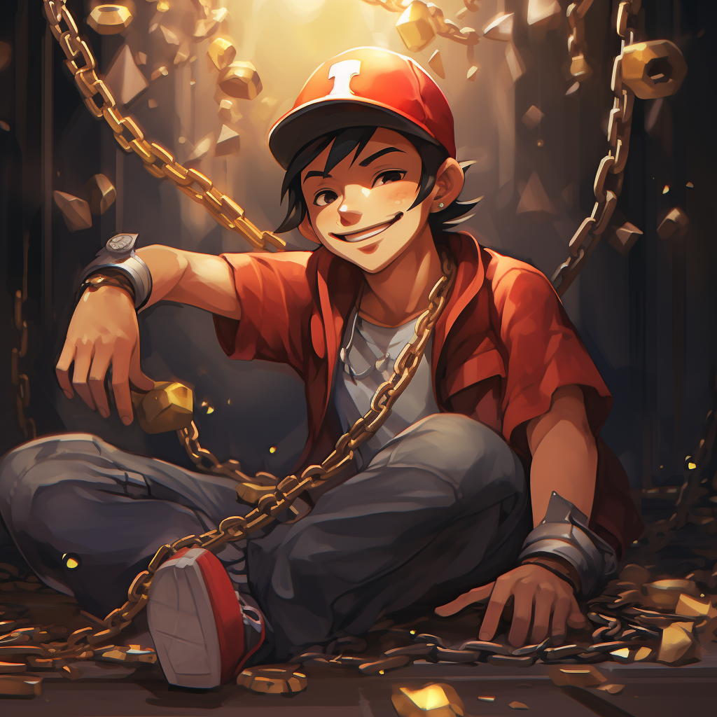 Ash Ketchum wearing gold chains and smiling