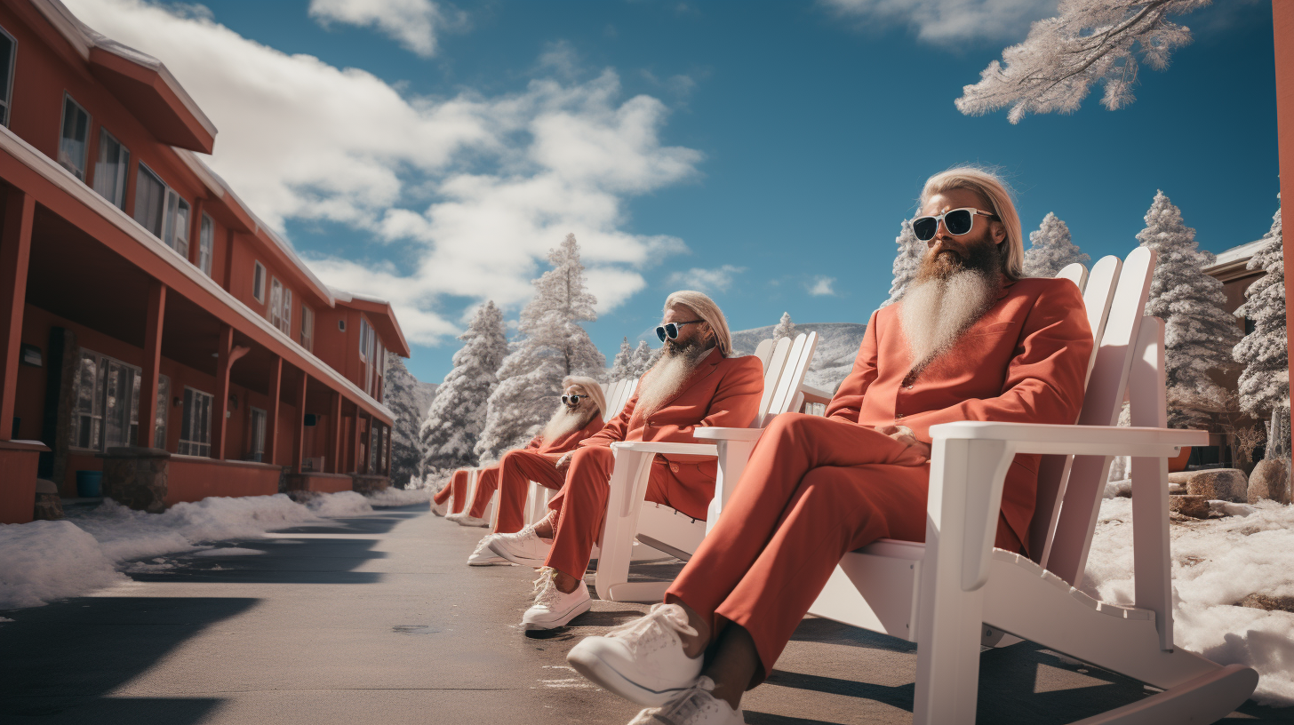 Christmas characters in vibrant attire against a symmetrical backdrop