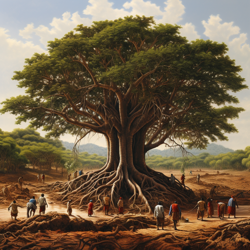 Ashwagandha tree with people harvesting root