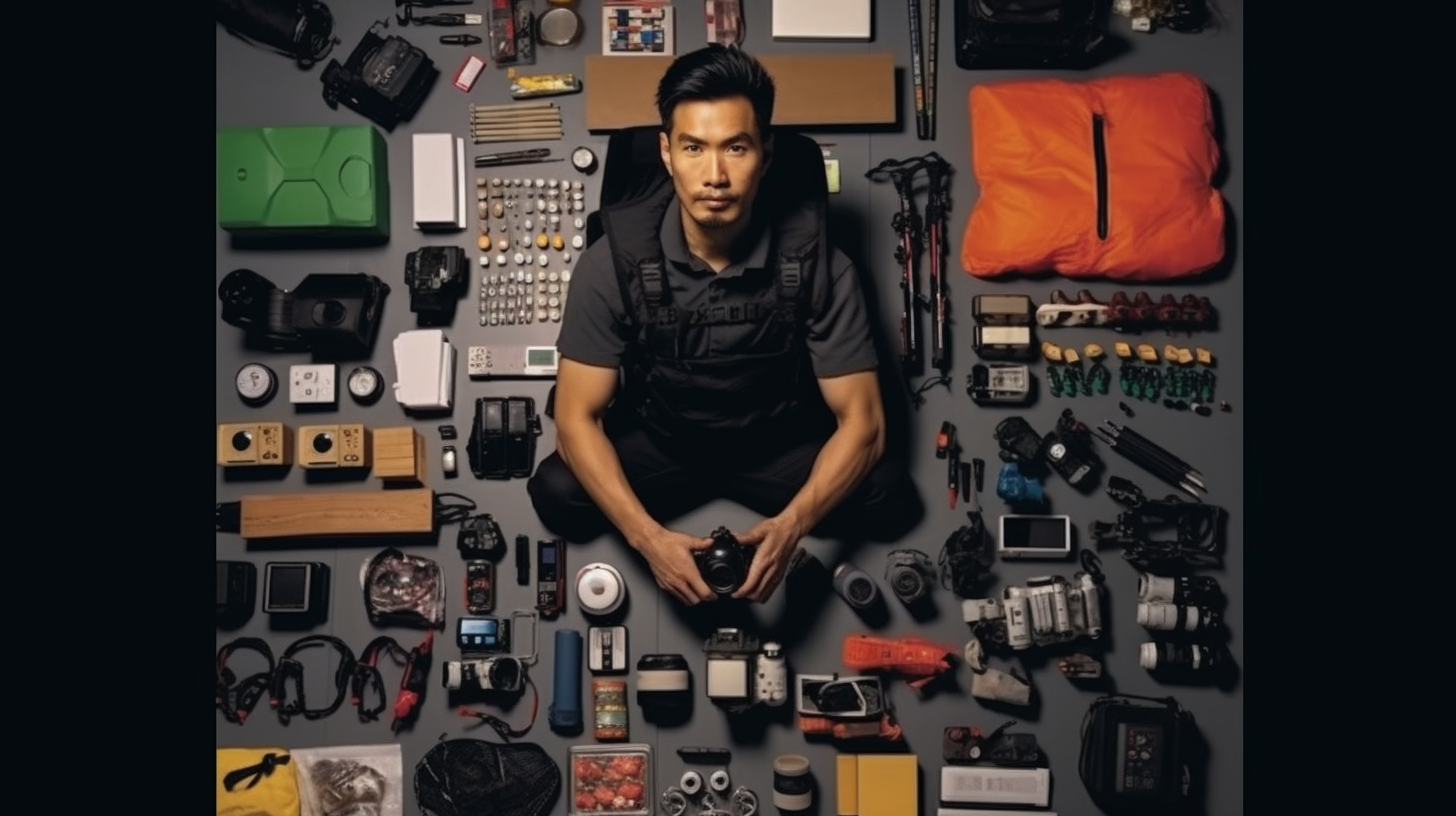 Asian agency worker using laptop and cameras