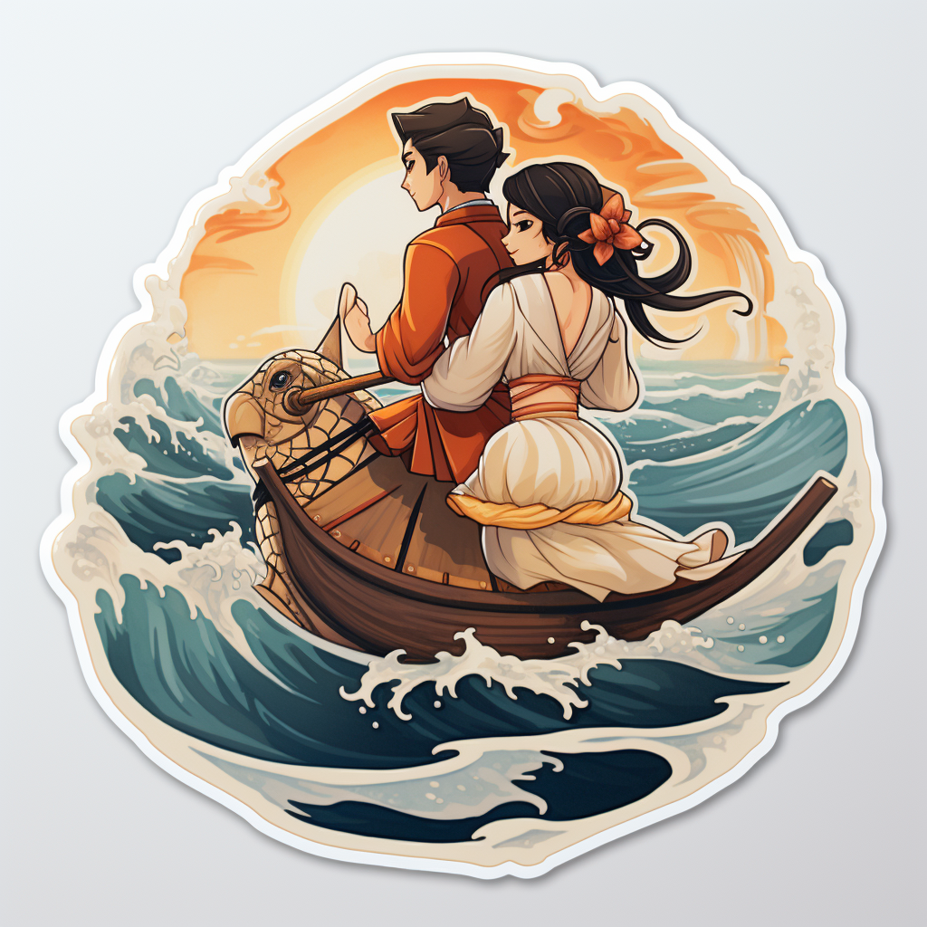 Cartoon-style Asian bride and white groom riding a turtle