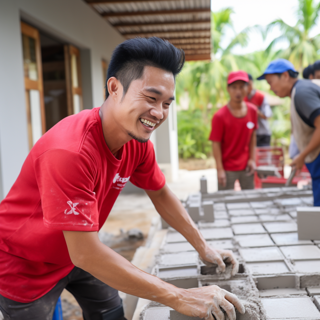 Asian builder installing tile with passion