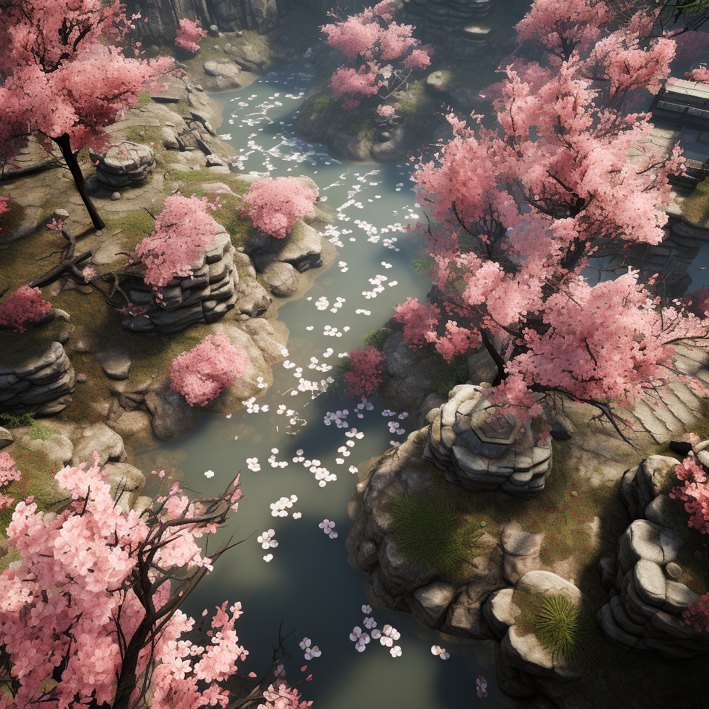 Top view of an Asian cherry blossom garden