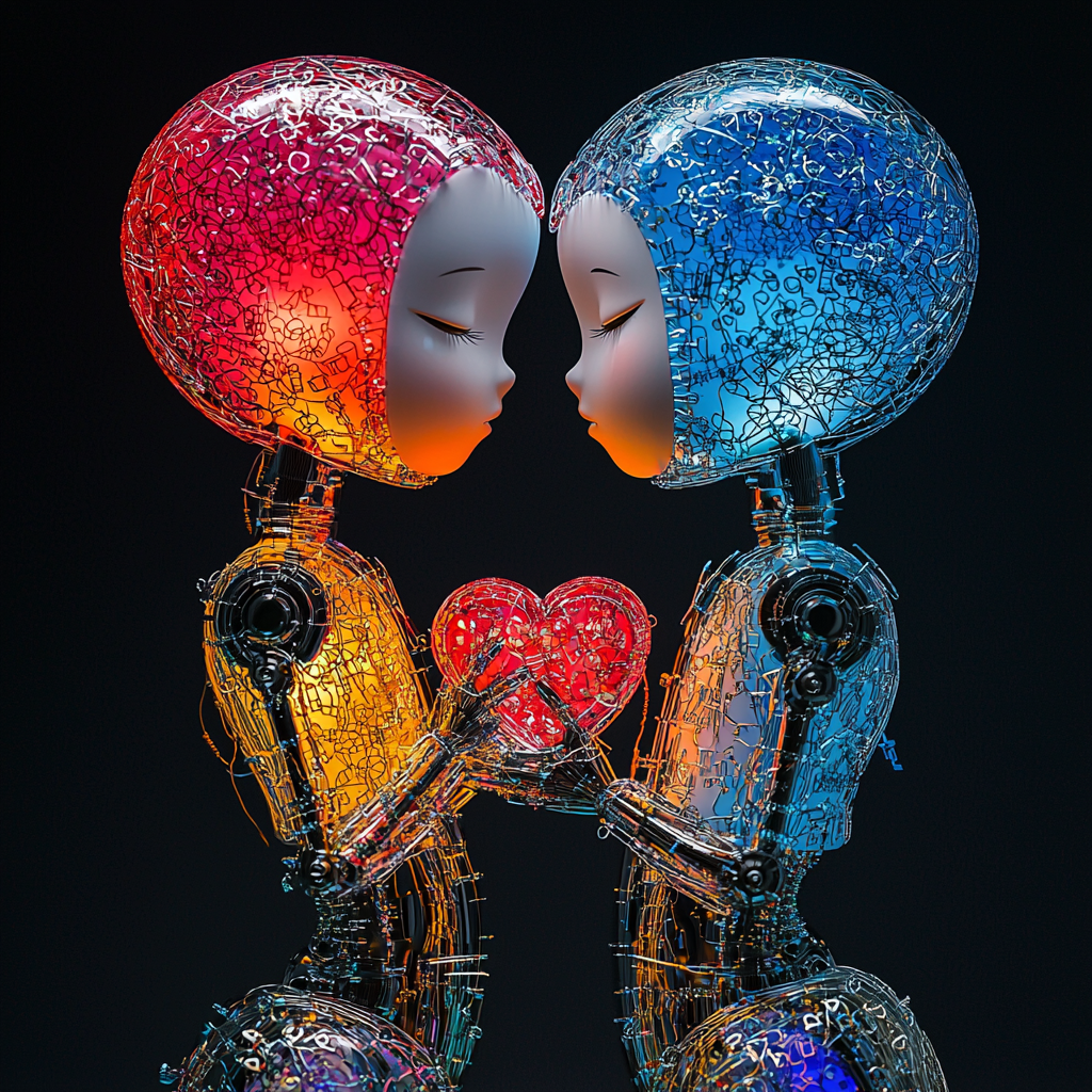 asian dolls holding hands with colorful hearts flying around