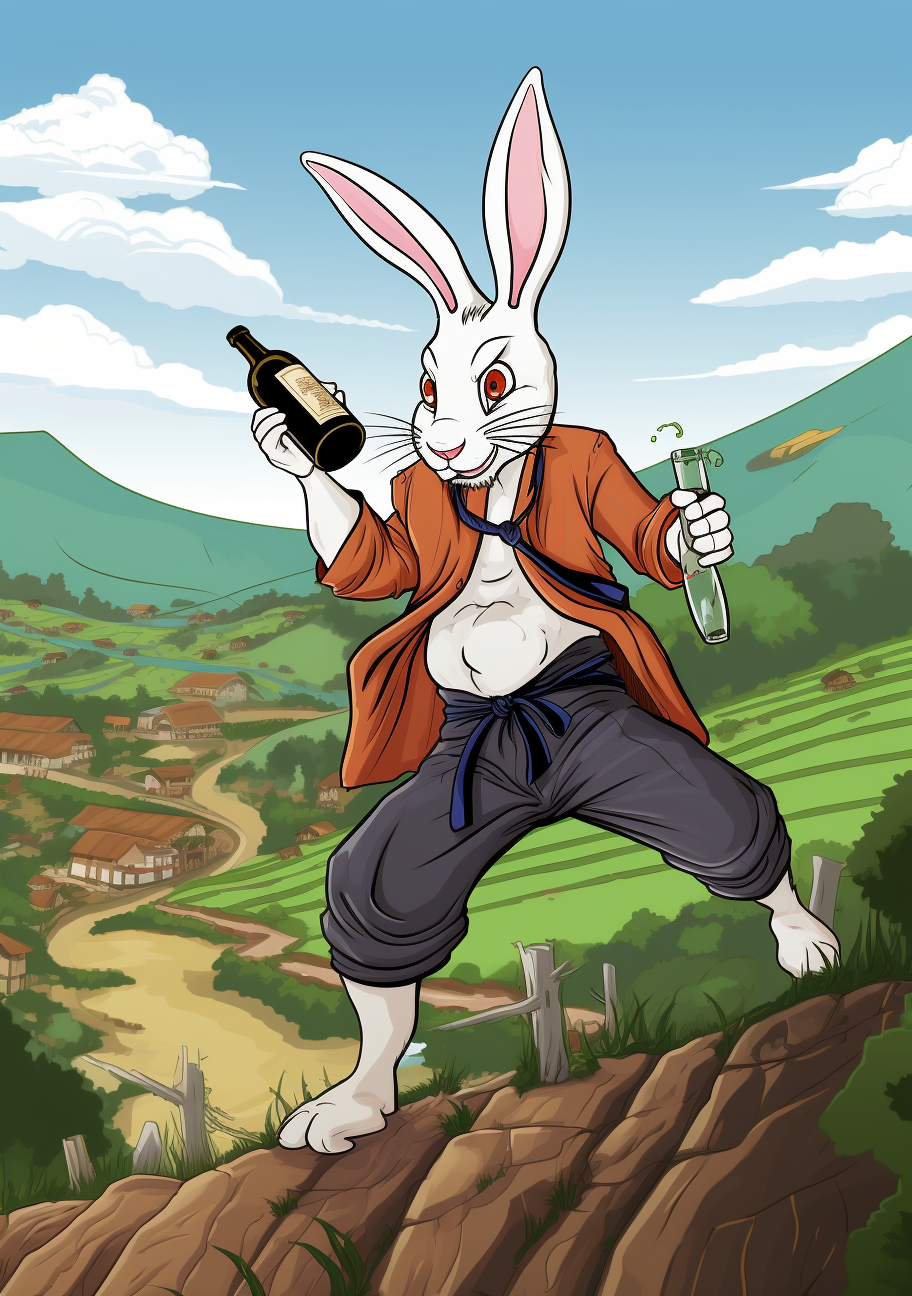 Anthropomorphic rabbit asian drunken master in Chinese landscape