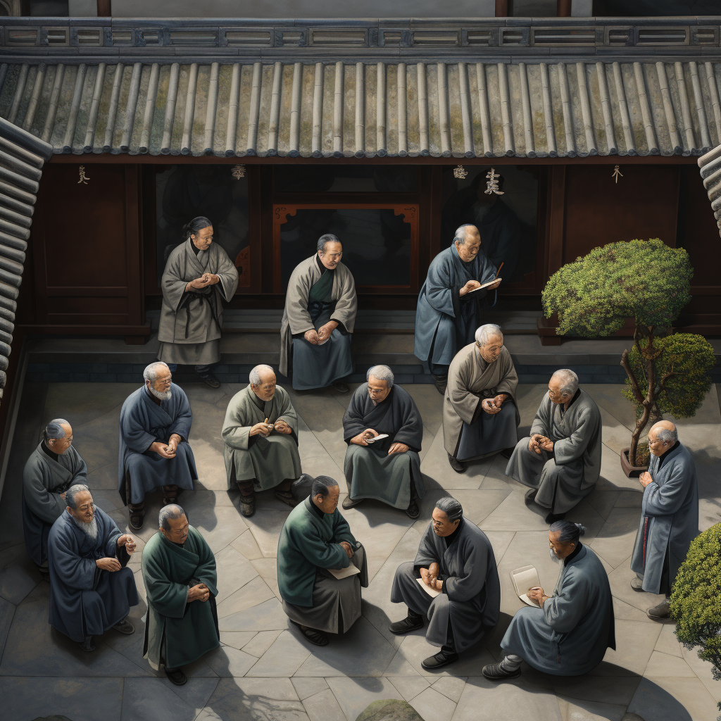 Asian elders in a courtyard