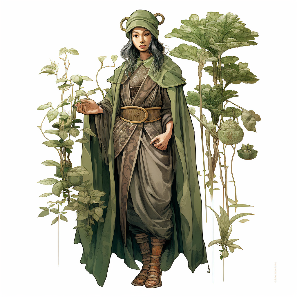 Asian elf wearing unique plant-based clothes