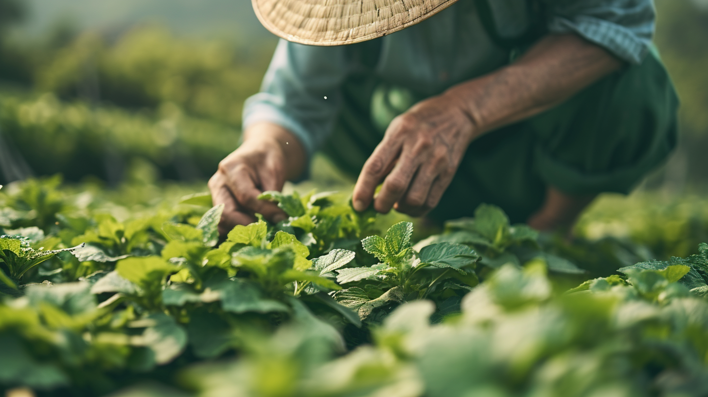 Asian farmer picking shiso leaves for gourmet cooking