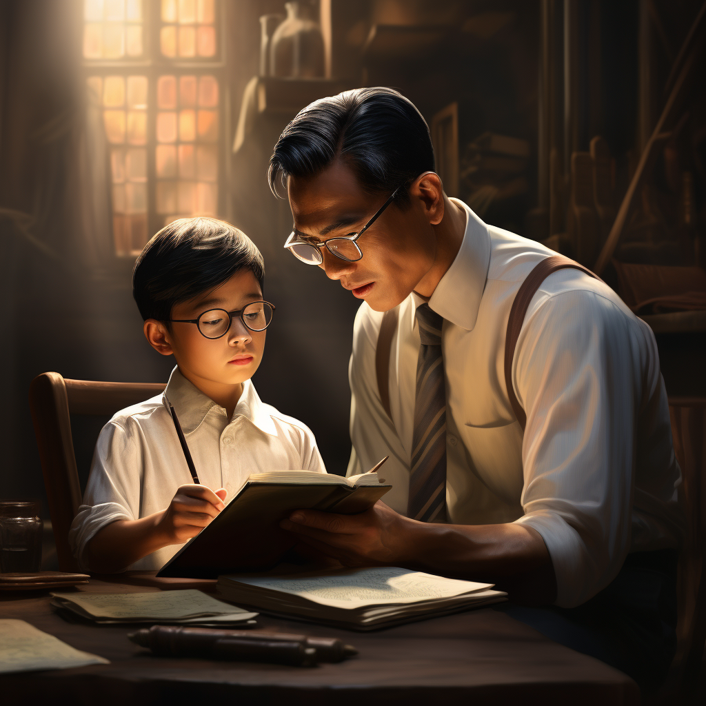 Asian father teaches son, both wearing glasses.