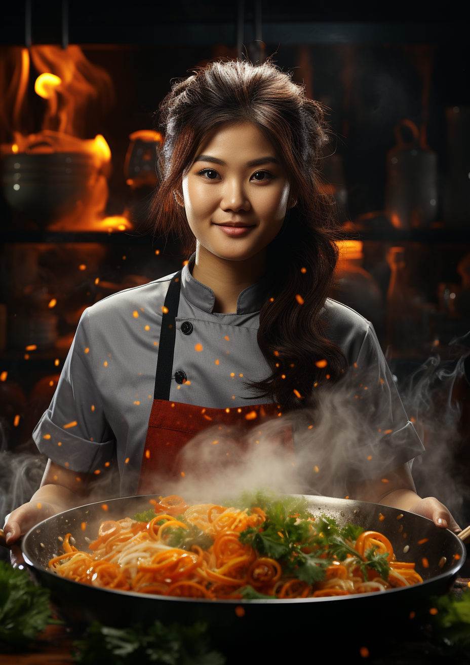 Asian female chef cooking beef soup