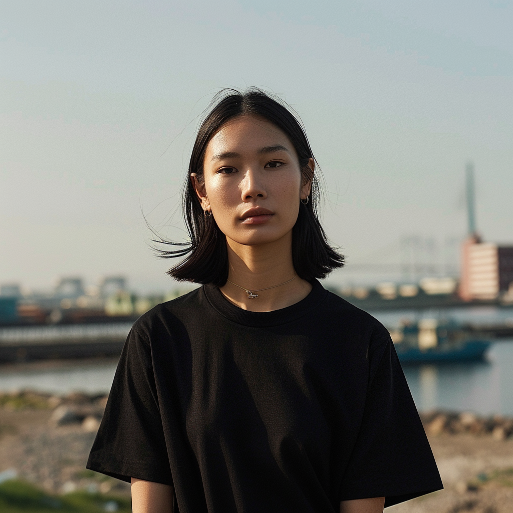 Asian female model black t-shirt