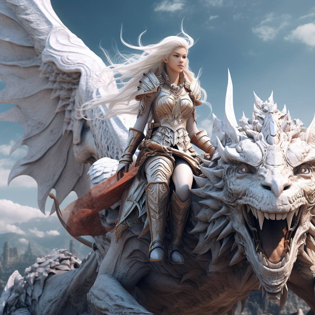 Asian female warrior riding medieval dragon