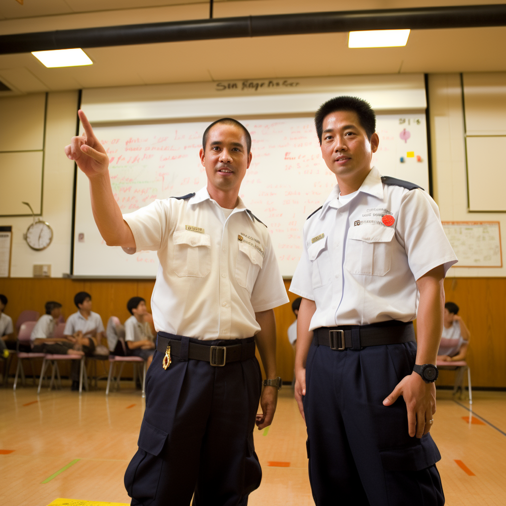 Asian fire officers teaching fire prevention