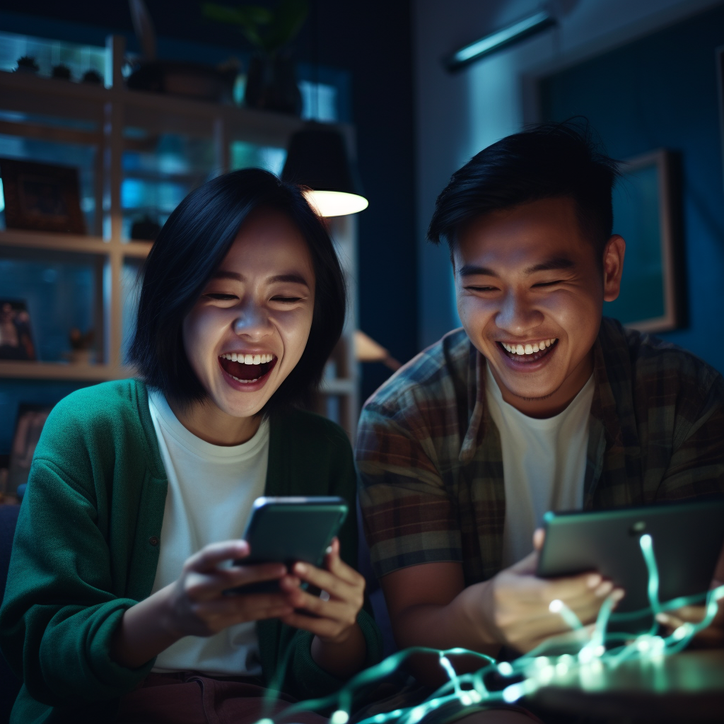 Two Asian friends enjoying WiFi connection at home