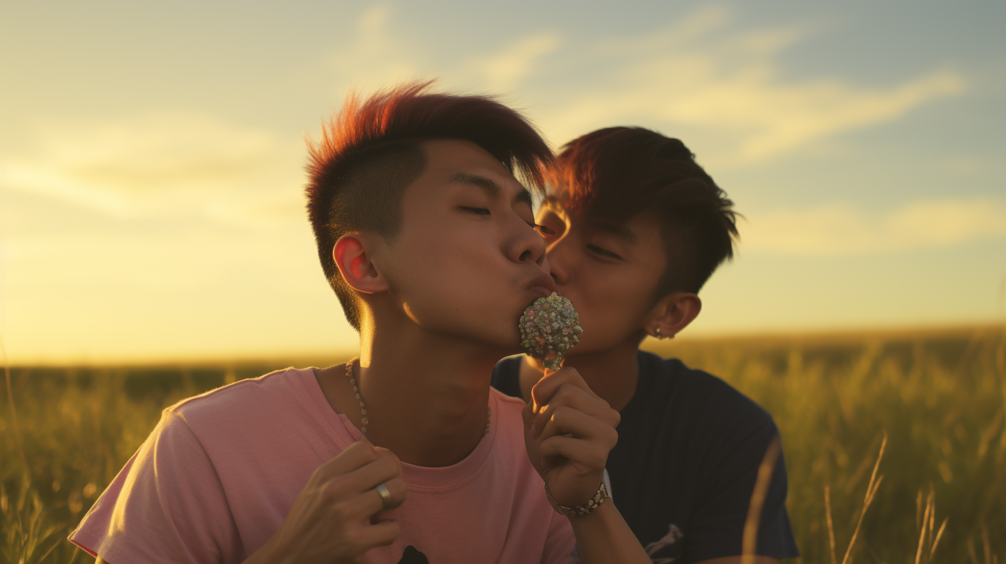 Asian gay couple enjoying lollipop in sunset grass