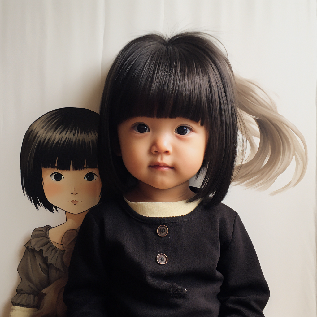 Asian girl with bangs haircut holding her baby brother