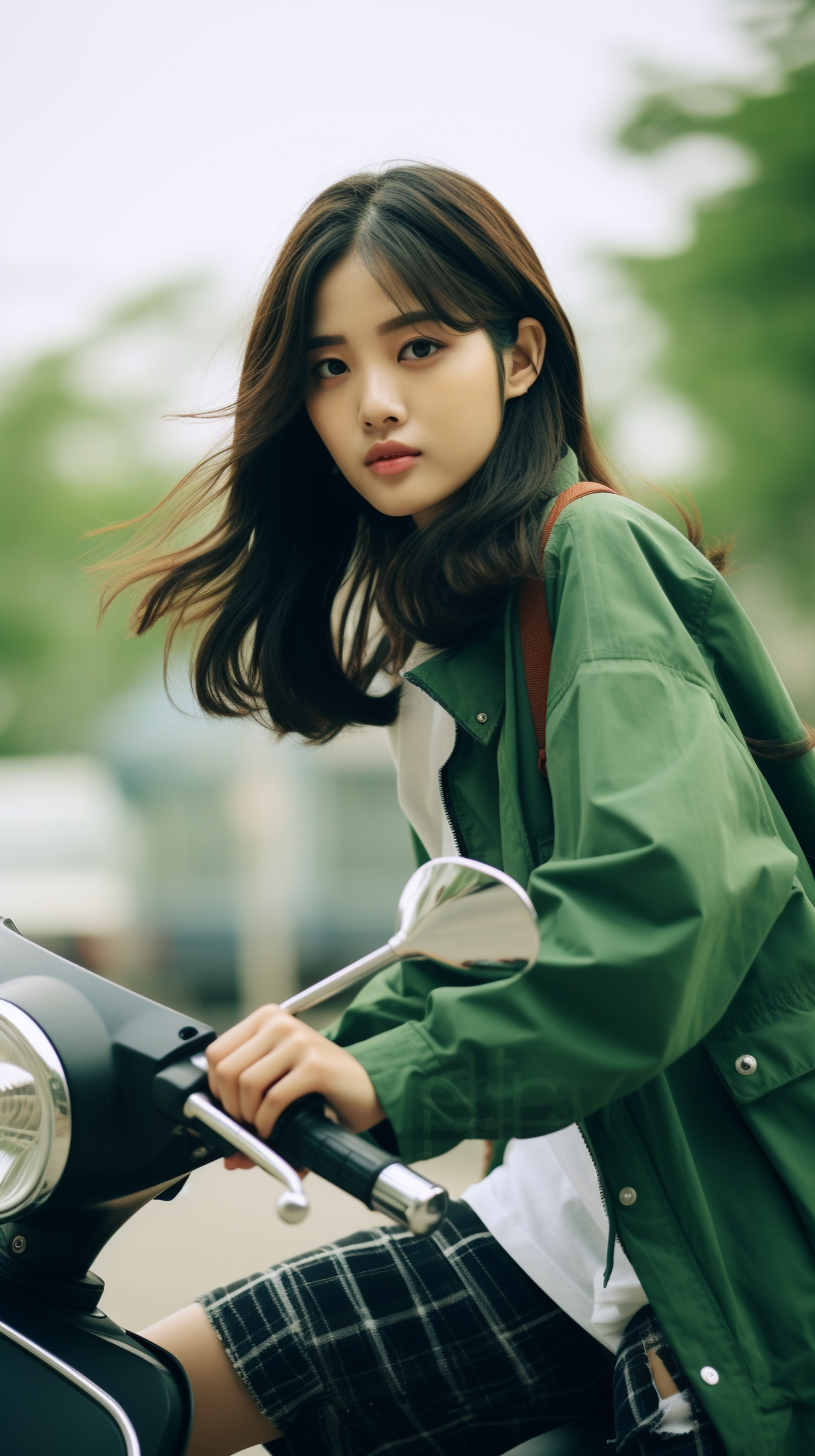 Asian girl on scooter wearing green jacket