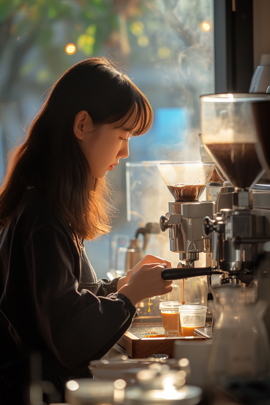 Asian girl making coffee at Tokyo coffee shop