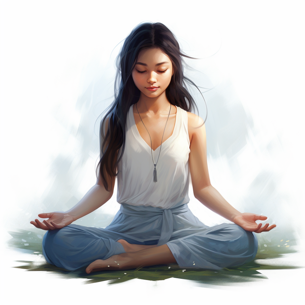 Asian girl meditating on white background