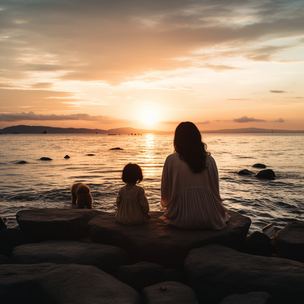 Asian girl and mother admiring sunset by the sea