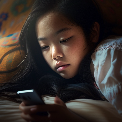 Asian girl lying down playing with mobile phone