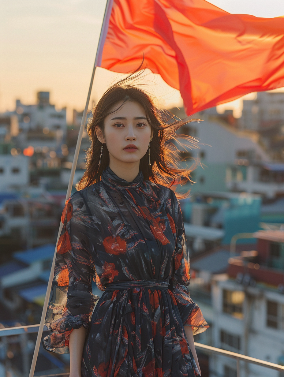 Asian girl on rooftop with flag