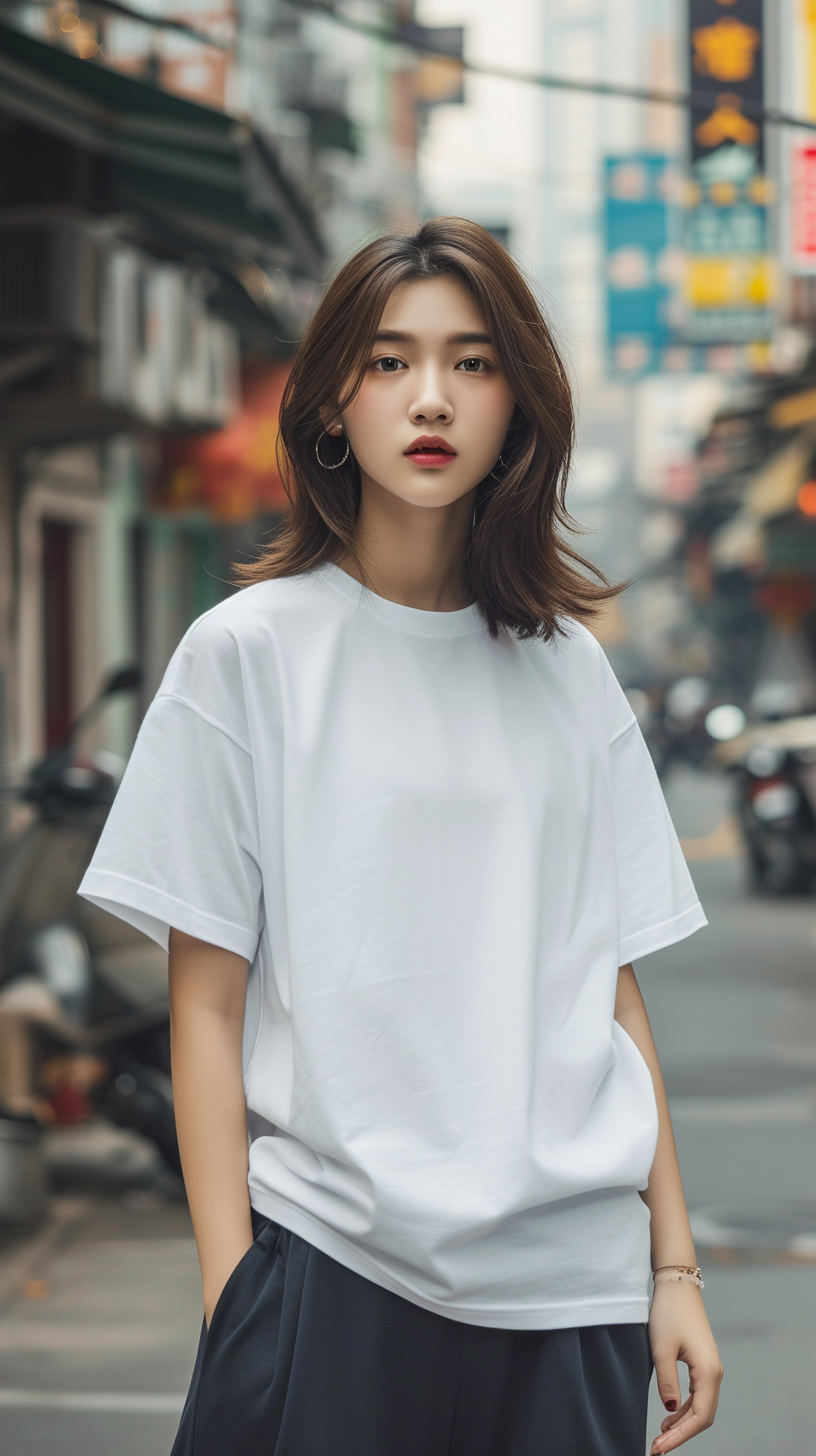 Asian girl in white oversize T-shirt on street