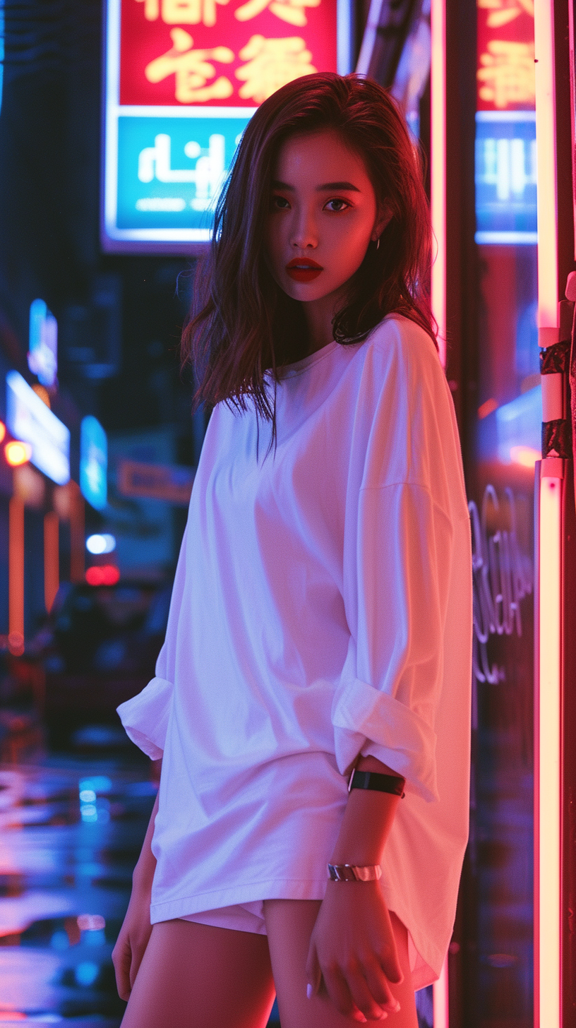 Asian girl white T-shirt nightclub full body