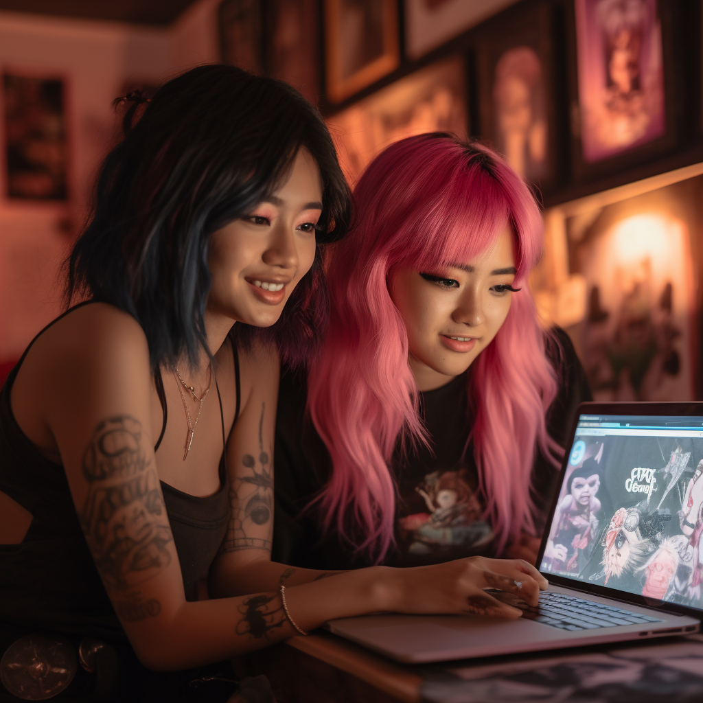 Asian goth girl and girl with pink curly hair watching movie