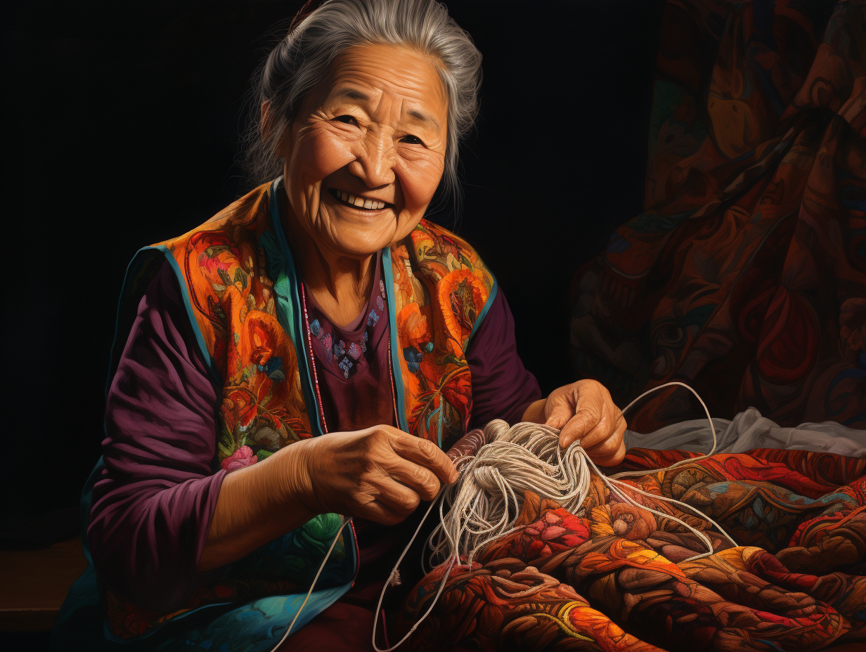 Smiling Asian Grandma Embroidering at Night